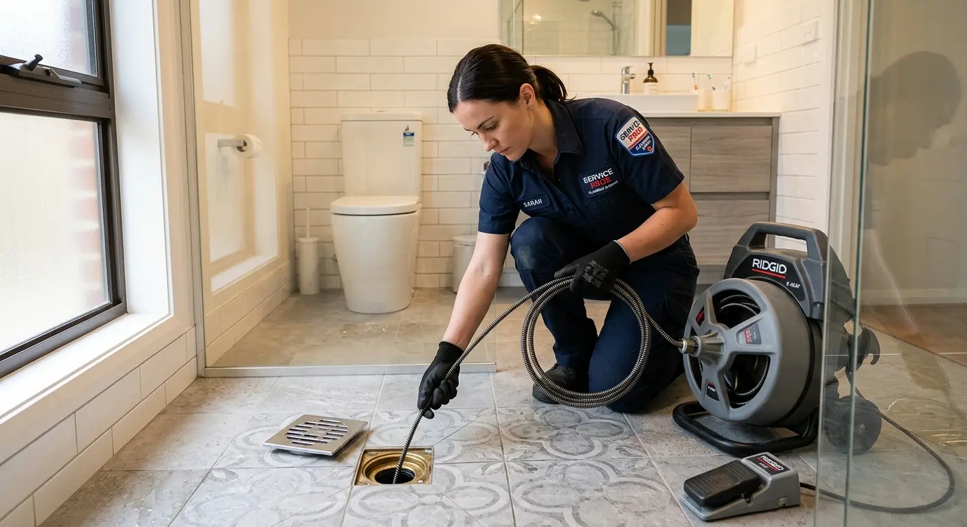 Technician clearing a bathroom floor drain for Drain Repair in Charlottesville